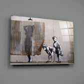 Banksy-style stencil panel bringing witty mood to a contemporary lounge