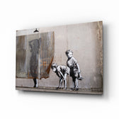 Curiosity glass wall art displayed above a charcoal linen sofa in a concrete-walled lounge with reclaimed-wood console and matte-black floor lamp