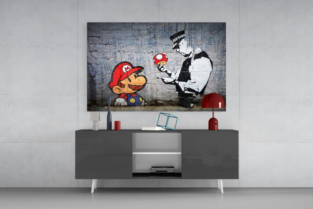 Super Mario panel catching neon light to reveal its sly humor