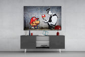 Super Mario panel catching neon light to reveal its sly humor