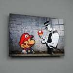 Banksy-style stencil panel bringing retro-pop wit to a contemporary gaming lounge