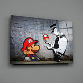 Banksy-style stencil panel bringing retro-pop wit to a contemporary gaming lounge