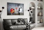 Super Mario glass wall art styled above a console in a gaming room