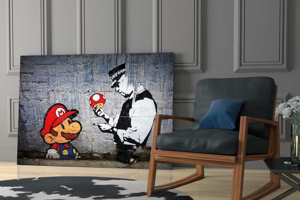 Super Mario glass print enhancing a man cave with cinematic mood