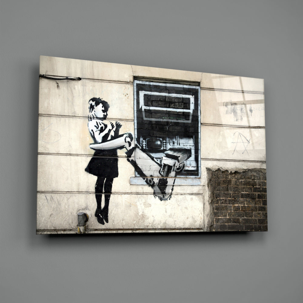 Banksy-style stencil panel bringing dystopian wit to a contemporary lounge