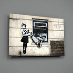 Banksy-style stencil panel bringing dystopian wit to a contemporary lounge