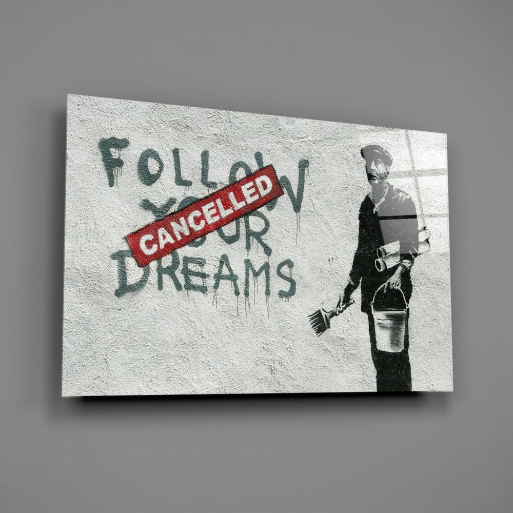 Banksy-style stencil panel bringing sardonic mood to a contemporary office