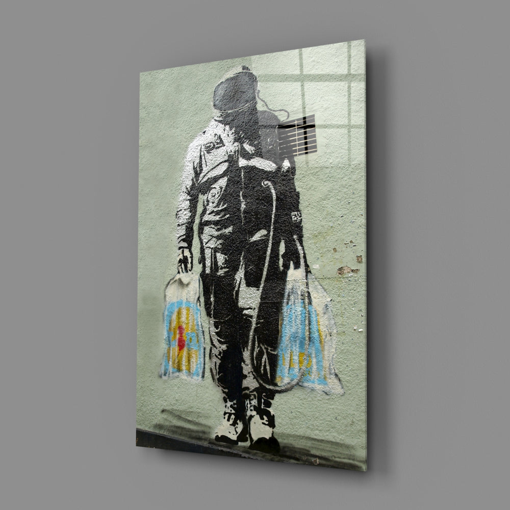 Banksy-style stencil panel bringing surreal humor to a contemporary hallway
