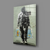 Banksy-style stencil panel bringing surreal humor to a contemporary hallway
