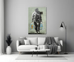Space Market close-up showing helmeted astronaut walking with two shopping bags