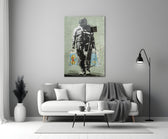 Space Market close-up showing helmeted astronaut walking with two shopping bags