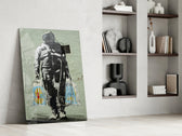 Space Market glass print enhancing a living room with cinematic mood