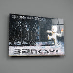 Banksy-style stencil panel bringing protest drama to a contemporary lounge