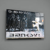 Banksy-style stencil panel bringing protest drama to a contemporary lounge