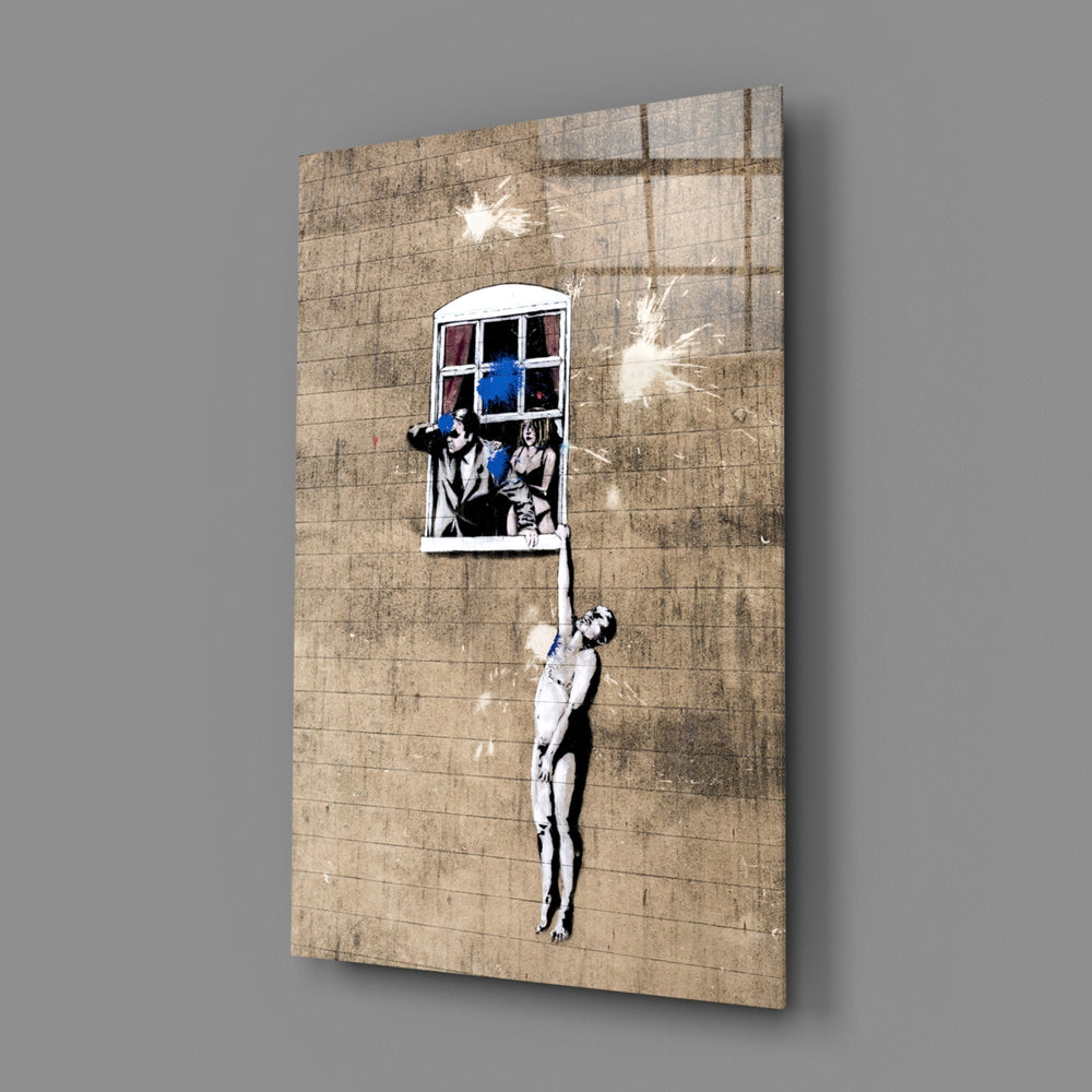 Banksy-style stencil panel bringing witty mood to a contemporary hallway