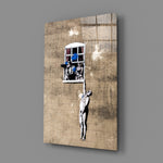 Banksy-style stencil panel bringing witty mood to a contemporary hallway