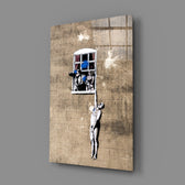 Banksy-style stencil panel bringing witty mood to a contemporary hallway