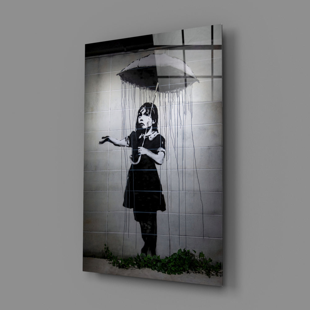 Banksy-style stencil panel bringing melancholy mood to a contemporary hallway