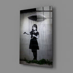 Banksy-style stencil panel bringing melancholy mood to a contemporary hallway