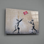Banksy-style stencil panel bringing mischievous warmth to a contemporary lounge