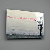 Banksy-style stencil panel bringing thoughtful warmth to a contemporary lounge