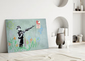 Child and War close-up showing stenciled child soldier among crayon flowers and butterflies