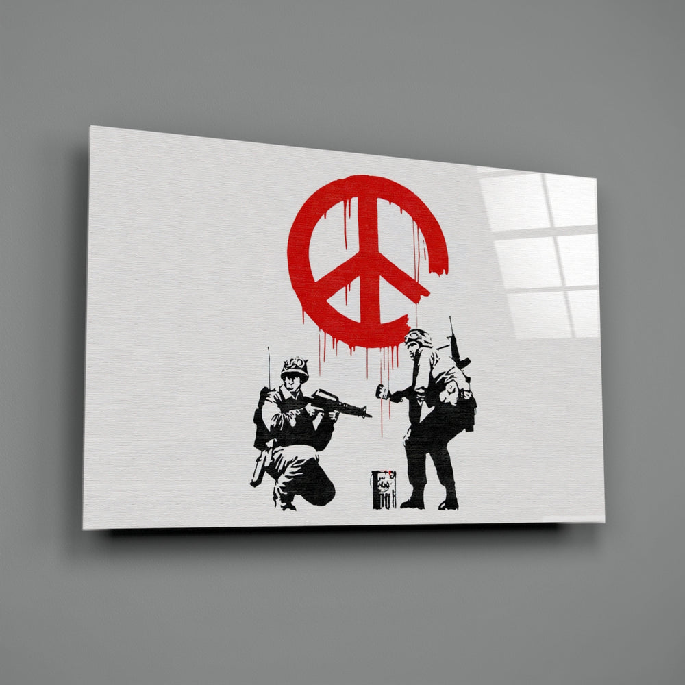 Banksy-style stencil panel bringing protest gravity to a contemporary lounge