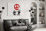 War for Peace glass wall art styled above a sofa in a living room