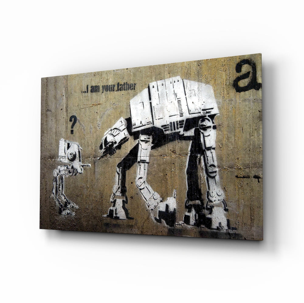 Star Wars glass wall art displayed above a leather sofa in a brick-walled home theater with reclaimed-wood console and projector screen
