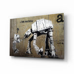 Star Wars glass wall art displayed above a leather sofa in a brick-walled home theater with reclaimed-wood console and projector screen