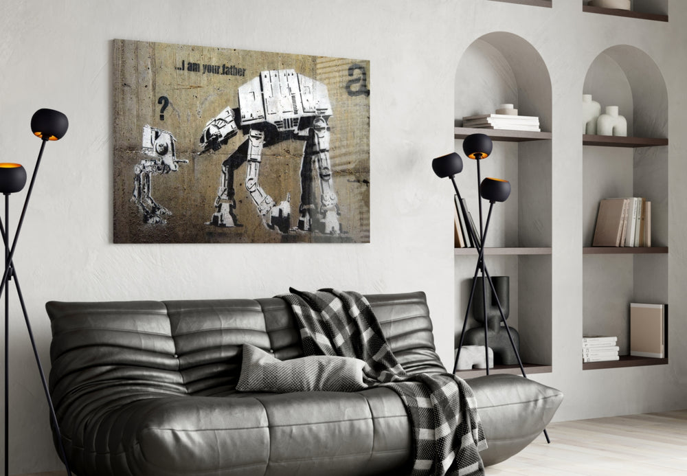 Star Wars glass wall art styled above a console in a gaming room