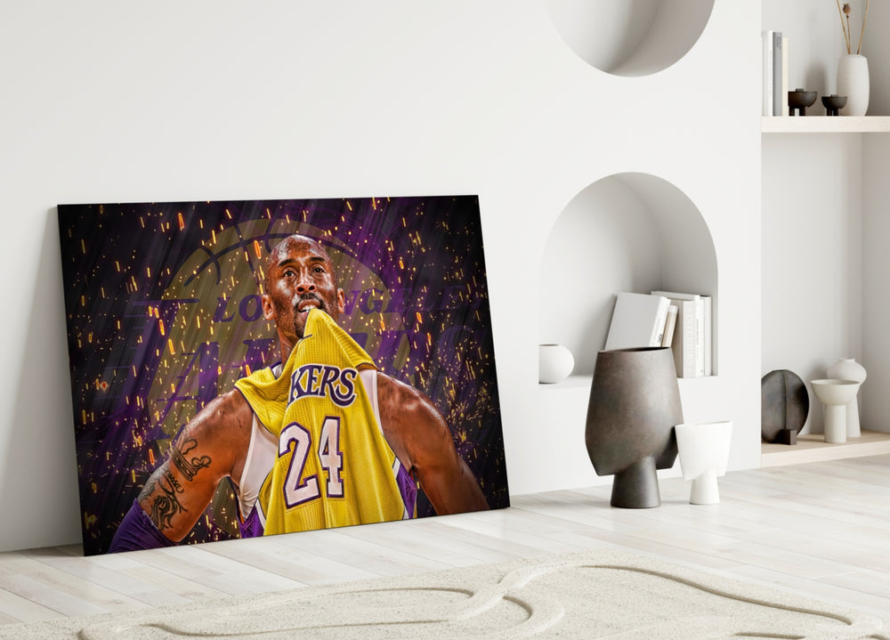 Kobe Bryant glass wall art styled above a leather sofa in a man cave