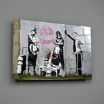Banksy-style stencil panel bringing irreverent wit to a contemporary lounge