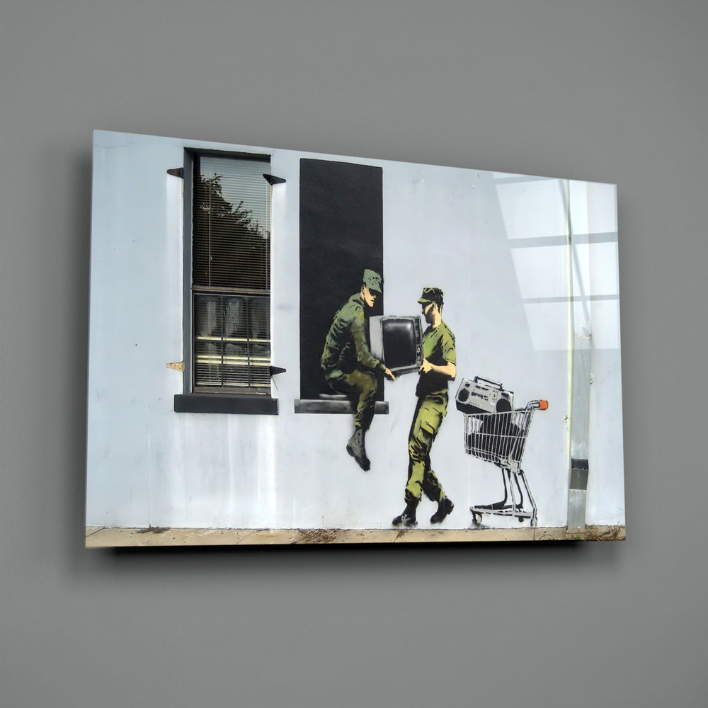 Banksy-style stencil panel bringing biting drama to a contemporary office