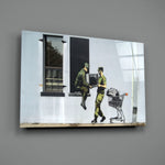 Banksy-style stencil panel bringing biting drama to a contemporary office