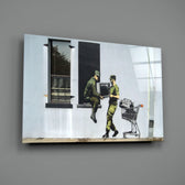 Banksy-style stencil panel bringing biting drama to a contemporary office
