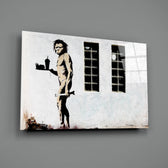 Banksy-style stencil panel bringing wry mood to a contemporary restaurant