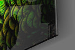 Peacock artwork anchoring a wall with dark jewel-tone palette