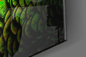 Peacock artwork anchoring a wall with dark jewel-tone palette