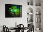 Peacock panel adding editorial elegance to a dining room