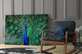 Peacock glass print enhancing a living room with cinematic warmth