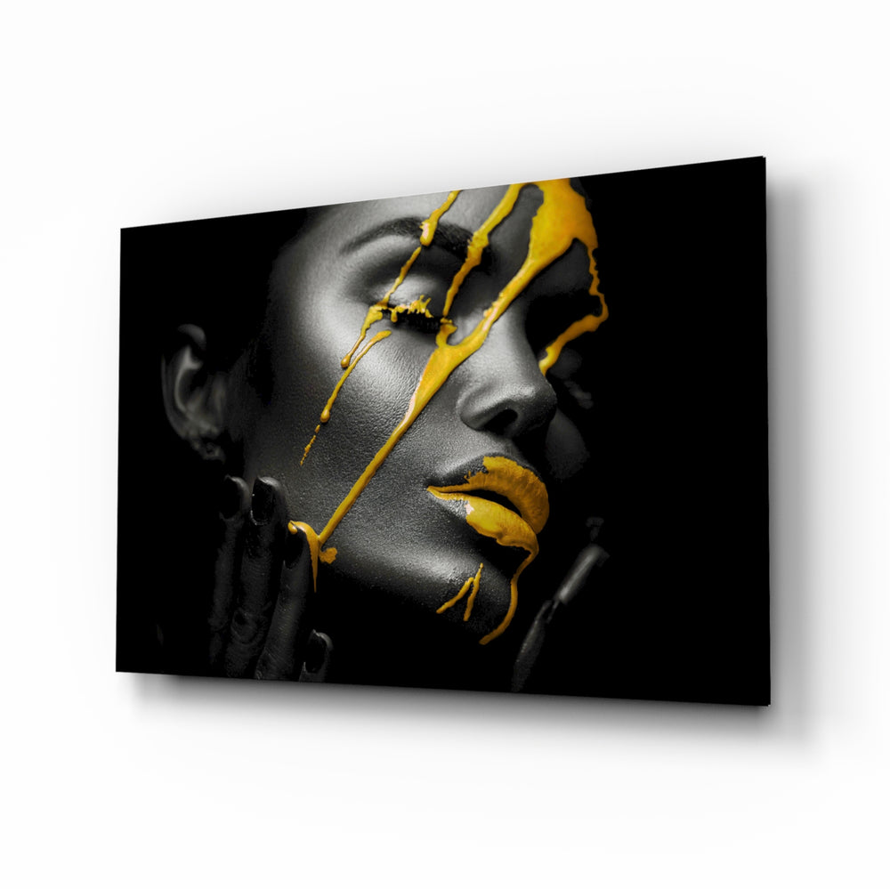 Yellow Paint glass wall art displayed above a charcoal velvet bed in a moody slate bedroom with brushed-brass sconces and onyx nightstands