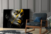 Yellow Paint glass print enhancing a bathroom with cinematic gravity