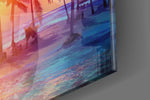 Sunset and Palms artwork anchoring a wall with dreamy tropical palette