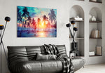 Sunset and Palms glass wall art styled above a bed in a bedroom