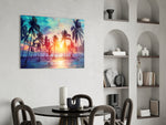 Sunset and Palms panel adding editorial calm to a bathroom
