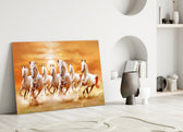 Running Horses close-up showing seven white horses charging at amber sunset