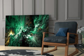 Green Space glass print enhancing a living room with cinematic mood