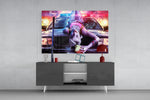 Harley Quinn panel catching screen glow to reveal its electric saturation