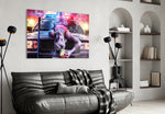 Harley Quinn glass wall art styled above a desk in a kids room
